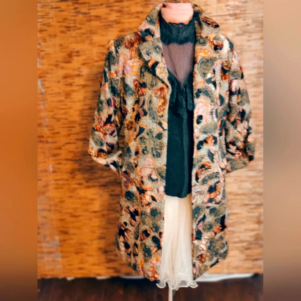 Tapestry Mid Century midi Coat  patchwork silk velvet psychedelic Vintage chic S